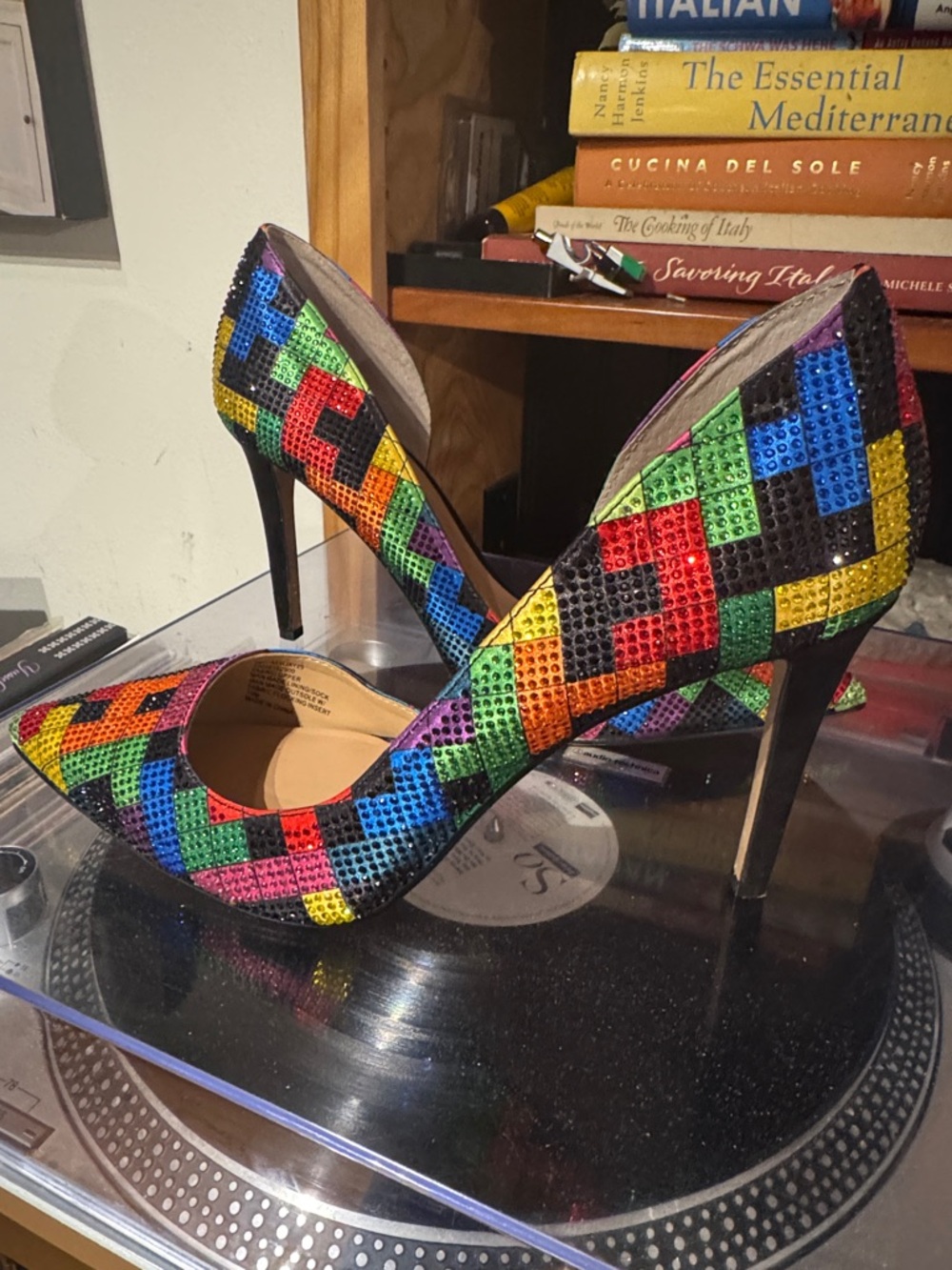 NEW Vintage Sequin heels Rainbow Multicolor Mosaic Pointed-Toe Size 10 Shoes - Picture 3 of 10